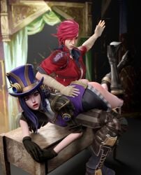 2girls 3d arcane arcane_caitlyn arcane_vi ass bare_ass blender blue_hair caitlyn_kiramman canon_couple discipline dominant_female eyewear_on_head female femdom kinkblink league_of_legends naughty punishment red_hair riot_games slapping_butt spank_marks spanked_butt spanking steampunk submissive vi video_games yuri