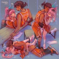 1boy 1girls aubrey_(omori) bandage baseball_bat_(omori) bench blue_eyes blush boobjob cheerleader cum cum_on_breasts cum_on_face dark-skinned_male dark_skin female fingering heart jersey kel_(omori) kissing light-skinned_female light_skin locker_room male male/female omori orange_clothing paizuri panties_around_ankle panties_around_one_leg pink_hair sex sex_on_floor shoes shorts sinkaraia skirt sneakers socks sports_jersey sports_uniform sportswear straight tongue_out uniform vaginal_penetration vaginal_sex wholesome