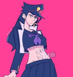 athletic_female black_hair_female confused female_abs fit_female genderswap_(mtf) hand_only jojo's_bizarre_adventure jojo_no_kimyou_na_bouken jotaro_kujo kuraraan rule_63 school_girl school_uniform sculpted_abs toned_female touching_abs tough_girl