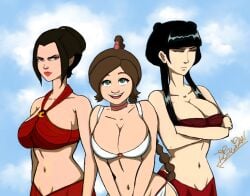 2017 3girls arms_crossed artist_signature avatar_legends avatar_the_last_airbender azula bare_shoulders belly belly_button big_breasts black_hair blue_eyes braided_ponytail breasts brown_eyes brown_hair choker cleavage dark_hair dismaiden double_bun female female_focus female_only fire_nation goth goth_girl gothic hairbun happy large_breasts lipstick looking_to_the_side mai_(avatar) necklace noblewoman nonbender princess red_lipstick royal royalty sidelocks swimsuit tied_hair topknot ty_lee yellow_eyes