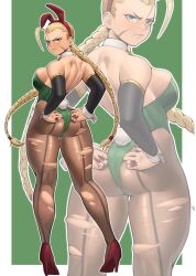 1girls back_muscles blonde_hair blue_eyes bunny_ears bunny_girl bunnysuit cammy_white dat_ass face_scar green_background green_bunnysuit green_outfit high_heels leotard pantyhose ponytail red_bunny_ears red_fingernails red_high_heels street_fighter torn_pantyhose zukululuu