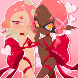 2girls completely_nude dark-skinned_female dark_skin deep_cut_(splatoon) frye_(splatoon) inkling inkling_girl interracial interracial_yuri interspecies_yuri light-skinned_female light_skin multiple_girls octoling octoling_girl pink_hair ribbons shiver_(splatoon) softcore splatoon splatoon_(series) splatoon_3 tagme tentacle_hair valentine's_day vincenciel yuri