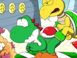 2000s_and_2010s_style 2023 2boys anal anal_sex animated anthro balls bent_over bodily_fluids brown_clothing brown_footwear closed_eyes clothing detailed_background erection footwear from_behind from_behind_position gay genitals green_body green_koopa_troopa green_shell green_yoshi hi_res koopa koopa_troopa male male/male male_only mario_(series) mp4 music nintendo open_mouth penetration penile penile_penetration penis penis_in_ass perching_position protagonistsub_antagonistdom questionable_consent scalie sex shell sound sound_effects sweat text tongue video yaoi yellow_balls yellow_body yellow_penis yoshi yoshi's_island zandermanith