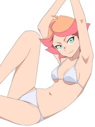 amanda_o'neill armpits bikini breasts female green_eyes little_witch_academia multicolored_hair navel orange_hair satochi short_hair simple_background small_breasts solo stomach swimsuit two-tone_hair white_background white_bikini witch