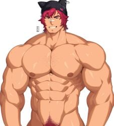 abs arataa_shin bara big_pecs chest hairy_chest heartsteel_series heartsteel_sett large_pectorals league_of_legends looking_at_viewer male male_focus male_only muscular muscular_arms muscular_male pecs pectorals pubic_hair sett smile solo solo_male