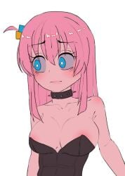 anime_girl anime_style blue_eyes blush bocchi_the_rock! character_portrait choker cleavage detailed_hair fanart gotou_hitori light_skin long_hair minimal_background monochrome_outfit nervous_expression pink_hair shocked_look simple_shading stylized_art surprised_expression upper_body_focus