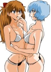 2girls ass asuka_langley_sohryu belly_grab blue_hair hand_in_mouth hand_on_mouth lingerie lingerie_only long_hair neon_genesis_evangelion panties red_hair rei_ayanami short_hair sideboob slim_waist small_breasts teenager underwear yuutaku1618