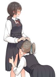 2girls betock black_dress closed_eyes grabbing grabbing_legs hairband lifted_skirt looking_at_viewer multiple_girls original_character original_characters ponytail under_skirt white_blouse yuri