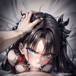 1girls ai_generated angry angry_face angry_fellatio arbitrary black_hair blowjob blue_eyes bondage cum cum_in_mouth deepthroat face_fucking fate/stay_night fate_(series) fellatio female_focus forced_oral hand_on_head head_grab hi_res oral oral_creampie penis_in_mouth pov pov_eye_contact stable_diffusion throat_fuck tohsaka_rin