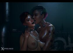 2girls 3d aurore_cassel boobs breasts cd_projekt_red cyberpunk_2077 ephelum3d face_lick female female/female female_only judy_alvarez lesbian licking licking_face nipples yuri