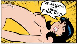 1girls archie_comics artist_request betty_and_veronica betty_cooper black_hair breasts creampie cum cum_inside dialogue english_text eyes_closed light-skinned_female naked naked_female nipples nude nude_female orgasm orgasm_face veronica_lodge yuri