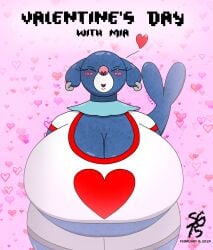 2024 anthro bbw belly big_belly big_breasts blue_body blue_fur blush blush_lines blushing blushing_at_viewer breasts chubby chubby_female clothing earrings fat fat_woman female heart heart_background hips kissing lips looking_at_viewer mia_sandoval_(solandgamer75) nintendo nostrils overweight overweight_anthro overweight_female pink_background pink_nose pokemon pokemon_(species) popplio sea_lion seal solandgamer75 valentine's_day