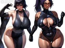 2girls ai_generated big_ass big_breasts big_butt bleach bleach:_the_thousand-year_blood_war cleavage cleavage_cutout collar dark-skinned_female dark_skin daulawkins elbow_gloves holding_hands japanese_clothes large_breasts leotard nipple_bulge purple_hair shihouin_yoruichi short_hair sideboob smile soifon stable_diffusion standing teacher_and_student thick thick_thighs thighhighs thighs voluptuous yellow_eyes