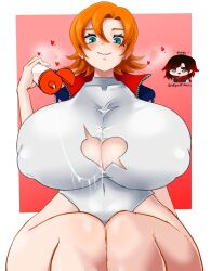 2024 blue_eyes breasts breasts_bigger_than_head chibi cleavage_cutout color digital_drawing_(artwork) gigantic_breasts huge_breasts hyper_breasts large_breasts light-skinned_female looking_at_viewer lube_bottle lube_drip lubed_up massive_breasts nipple_bulge nora_valkyrie odakubara orange_hair paizuri_invitation red_hair rooster_teeth ruby_rose rwby short_hair tagme thick_thighs thighs wide_hips