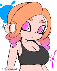 1girls adorable artist_signature bare_shoulders big_breasts big_eyes bra breasts chibi_style cleavage cute ear head_tilt hi_res light-skinned_female light_skin looking_at_viewer makino_nono midriff multicolored_hair nintendo octoling octoling_girl oni_wasabi_(makino_nono) orange_hair original_character pink_eyes pink_hair simple_background solo splatoon splatoon_(series) splatoon_3 sports_bra upscaled white_background