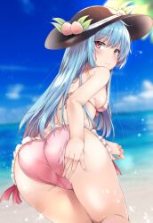 1girls beach bikini blue_hair grabbing_own_ass hat headwear medium_breasts peach_(fruit) red_eyes tenshi_hinanawi touhou