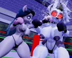 2girls 3d 3d_(artwork) anthro big_breasts black_boxing_gloves black_gloves boxing boxing_gloves boxing_ring breasts catfight claire_(the_summoning) crossover duo female female_focus female_only fight fighting fighting_ring furry height_difference helluva_boss huge_breasts indoors josugomezofficialnew kabalmystic_(style) large_breasts long_hair loona_(helluva_boss) pink_boxing_gloves pink_gloves punch punching punching_face red_eyes ryona size_difference the_summoning thick thick_thighs thighs topless topless_boxing topless_female wide_hips wolf_ears wolf_girl