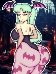 1girls alternate_ass_size angelindieart14 ass back_view backboob big_ass darkstalkers female female_focus female_only green_hair head_wings hyper_ass long_hair looking_back massive_ass morrigan_aensland smile smiling succubus