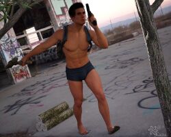 1boy 1human 1male 3d 3d_(artwork) 3d_model backpack barefoot boxers_only bulge bulge_through_clothing day daytime firearm gun holding_weapon kazuworks lean_body lean_muscle male male_focus male_only masculine nonsexual oc original original_character outdoors partially_naked_male partially_nude semi_nude solo solo_focus solo_male survival_horror survivalist young_adult young_man