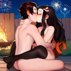 ai_generated black_hair black_thighhighs brother_and_sister closed_eyes demon_slayer incest kamado_nezuko kamado_tanjirou kimetsu_no_yaiba kissing leg_lock losforry_custom making_out nude red_hair siblings thighhighs