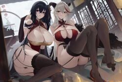 2girls aegir_(azur_lane) aegir_(golden_dragon_among_auspicious_clouds)_(azur_lane) arm_support azur_lane garter_belt garter_straps huge_breasts huge_thighs lemoneko licking_lips light-skinned_female light_skin qipao sakura_empire_(azur_lane) sitting sitting_on_floor soles_of_feet_in_socks stockings taihou_(azur_lane) taihou_(phoenix's_spring_song)_(azur_lane) thick_thighs toes voluptuous wide_hips