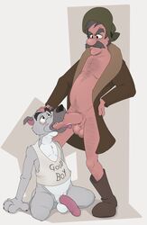 2boys alternate_version_available amos_slade animal_genitalia anthro anthro_penetrated anthrofied balls big_penis black_nose boots bottomless canine chief_(fath) claws clothed clothing coat countershading cowboy_hat disney drooling duo english_text erection eye_contact eyebrows facial_hair fellatio footwear fur gay grey_fur grey_hair hair hairy half-erect hand_on_head hand_on_hip handpaw hat hi_res human human_on_anthro human_penetrating_anthro humanoid_penis interspecies kneeling looking_down looking_up male male_only male_penetrating mammal moustache navel neenya oral oral_penetration paws penetration penile_penetration penis penis_in_mouth saliva sex sheath shirt simple_background size_difference slightly_chubby standing tank_top teeth testicles text the_fox_and_the_hound tongue tongue_out white_fur yaoi