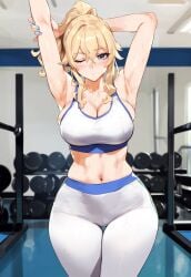 1girls ai_generated alternate_costume armpits arms_up blonde_hair blue_eyes bottom_heavy breasts female female_only genshin_impact gym gym_clothes gym_uniform hi_res jean_gunnhildr leggings light-skinned_female light_skin midriff ponytail solo sports_bra stretching sweat sweating sweaty_armpits sweaty_body thick_thighs thighs truckkunart wide_hips yoga_pants