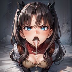 1girls after_fellatio after_oral ai_generated angry angry_face arbitrary black_hair blue_eyes cleavage cum cum_dripping_from_mouth cum_in_mouth cum_on_breasts fate/stay_night fate_(series) hi_res oral_creampie small_breasts stable_diffusion tohsaka_rin twintails