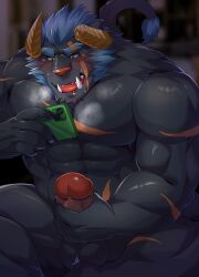 1boy abs anthro balls blush breath cellphone electronics erection eyebrows fur furry furry_only genitals grey_body grey_fur hi_res horn krampus_(tokyo_afterschool_summoners) lifewonders male male_only masturbation monster muscular muscular_anthro nude owan8181 panting pecs penis phone scar smartphone solo solo_male thick_eyebrows tokyo_afterschool_summoners