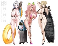 3girls arm_behind_head bangboo_(zenless_zone_zero) big_breasts bikini bikini_bottom bikini_top black_bikini blonde_hair blush bottomwear breasts cleavage evelyn_chevalier female female_focus female_only fishnet_legwear fishnets footwear full_body green_eyes hair hair_ornament hair_ribbon heels high_heels holding_object holding_phone hoop_earrings huge_breasts jacket large_breasts legs micro_bikini mole mole_on_breast mole_under_eye multicolored_nail_polish multicolored_nails nail_polish nails nicole_demara o-ring_bikini_bottom o-ring_thigh_strap phone pink_hair pink_sling_bikini pool_float primo_918 purple_eyes revealing_clothes ribbon sharkboo_(zenless_zone_zero) shiny_clothes skimpy skimpy_bikini skimpy_clothes sling_bikini smile suitcase surfboard swimwear thigh_strap thighs topwear twintails white_bikini white_hair yellow_eyes yellow_nail_polish yellow_nails yixuan_(zenless_zone_zero) zenless_zone_zero