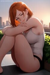 1girl ai_generated bangs bare_shoulders barefoot black_panties blinds breasts half-closed_eyes hi_res high_quality high_resolution jujutsu_kaisen kugisaki_nobara large_breasts looking_at_viewer orange_hair panties parted_bangs patreon plant seductive sexy shirt short_hair sitting sleeveless sleeveless_shirt smile solo uncensored underwear watermark white_shirt