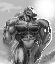 abs age_difference aged_up anthro barazoku biceps big_muscles dinosaur food genitals greyscale hi_res holding_food holding_object huge_muscles male mature_anthro mature_male monochrome muscular muscular_anthro muscular_male navel older_anthro pecs penis pinumontbalou prehistoric_species reptile saurischian scalie solo spinosaurid spinosaurus theropod trapezius wet wet_body