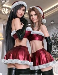 3d 3d_(artwork) 3d_model 3d_render aerith_gainsborough big_breasts black_hair brown_hair christmas christmas_decorations christmas_outfit christmas_skirt christmas_topwear elbow_gloves final_fantasy final_fantasy_vii final_fantasy_vii_rebirth final_fantasy_vii_remake green_eyes highres latex latex_gloves latex_legwear latex_thighhighs long_hair looking_at_viewer medium_breasts midriff patreon red_eyes santa_hat short_skirt skirt tifa_lockhart tubetop vixen_bildhauer