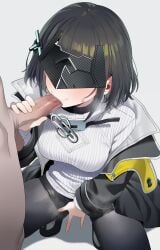 0haribo0 1boy absurdres arknights arknights:_endfield black_coat black_hair black_pantyhose black_shorts blush breasts censored clothed_female_nude_male coat commentary_request endministrator_(arknights) eye_mask fellatio female female_endministrator_(arknights) female_masturbation fingering fingering_through_clothes highres mask masturbation medium_breasts mosaic_censoring nude oral pantyhose pantyhose_under_shorts penis penis_grab ribbed_sweater saliva short_hair short_shorts shorts squatting straight sweat sweater through_clothes two-sided_coat two-sided_fabric veins veiny_penis white_sweater