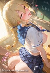 1boy ahe_gao ai ai_generated ass bangs blonde_hair blue_sailor_collar blue_skirt blush braid breasts chalkboard classroom clothed_female_nude_male clothed_sex clothes_lift demonicaa desk female hair_between_eyes hayasaka_ai heart indoors kaguya-sama_wa_kokurasetai_~tensai-tachi_no_renai_zunousen~ large_breasts long_hair nipples nude open_mouth penis pleated_skirt rolling_eyes sailor_collar school_uniform serafuku sex sex_from_behind shirt shirt_lift short_sleeves skirt skirt_lift solo_focus standing standing_sex straight sunlight sweat tongue tongue_out twin_braids uncensored vaginal_penetration white_shirt yellow_eyes
