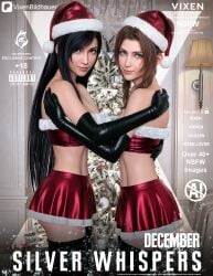2girls 3d 3d_(artwork) 3d_model 3d_render aerith_gainsborough big_breasts black_hair brown_hair christmas christmas_decorations christmas_outfit christmas_skirt christmas_topwear elbow_gloves final_fantasy final_fantasy_vii final_fantasy_vii_rebirth final_fantasy_vii_remake green_eyes highres hugging latex latex_gloves latex_legwear latex_thighhighs long_hair looking_at_viewer medium_breasts midriff patreon patreon_username red_eyes santa_hat short_skirt skirt tifa_lockhart tubetop vixen_bildhauer