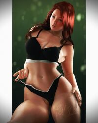 3d belly_button cleavage looking_at_viewer panty_stretch red_hair self_upload simple_background sports_bra watermark wedgie