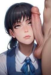 ai_generated black_hair brown_eyes chainsaw_man large_penis looking_up low_twintails lxlbanner mature_female mitaka_asa penis_on_face solo_focus