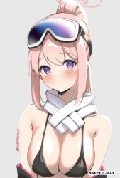 1girls big_breasts bikini bikini_top black_bikini black_bikini_top black_swimsuit black_swimwear blue_archive blush blush_face blushing_at_viewer blushing_female blushing_lines busty busty_female busty_girl eimi_(blue_archive) eimi_(swimsuit)_(blue_archive) eyebrows_visible_through_hair female goggles goggles_on_forehead goggles_on_head halo halterneck large_boobs large_breasts pink-haired_female pink_hair pink_hair_female pink_halo ponytail purple-eyed_female purple_eyes scarf sidelocks skeptycally swimsuit swimwear