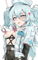 1girls blue_eyes blue_hair blush bondage breasts breasts_out clothes_pin clothes_pin_on_nipples clothing covered_navel female female_only florence_(girls'_frontline_2) girls'_frontline girls'_frontline_2:_exilium hat heart-shaped_pupils jacket kuzumotsu long_hair medium_breasts navel nipple_clamps nipples open_clothes open_jacket open_mouth pa-15_(girls'_frontline) spoken_heart sweat sweatdrop twintails upper_body