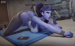 1girls 3d 3d_(artwork) big_ass bubble_ass bubble_butt female female_focus female_only hasfeldt huge_ass leggings looking_at_viewer overwatch widowmaker yoga yoga_pants