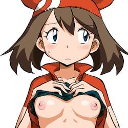 1girls bandana blush breasts embarrassed female game_freak gomatarou human human_only looking_away may_(pokemon) nintendo nipples pointy_chin pokemon pokemon_(anime) pokemon_rse red_bandana simple_background solo white_background