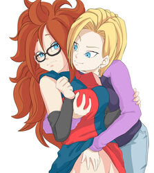 2girls android_18 android_21 android_21_(human) artist_request auburn_hair big_breasts blonde blonde_hair blue_eyes breast_grab busty cheating clothed couple curly_hair curvy dragon_ball dragon_ball_fighterz dragon_ball_super dress_lift duo eyelashes female ginger glasses grabbing long_hair milf mother multiple_girls no_sunglasses partially_nude red_hair redhead short_hair shounen_jump smile wife yuri