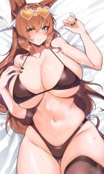 absurdres adapted_costume animal_ears aqua_eyes bed_sheet bikini black_bikini black_nails black_thighhighs blush breasts brown-tinted_eyewear brown_hair closed_mouth commentary_request commission eyewear_on_head female fingernails hair_between_eyes heart heart-shaped_eyewear highleg highleg_bikini highres horse_ears horse_girl horse_tail huge_breasts kshimu looking_at_viewer lying maruzensky_(hot_summer_night)_(umamusume) maruzensky_(umamusume) nail_polish on_back on_bed plump skeb_commission skindentation smile solo sunglasses sweat swimsuit tail thick_thighs thighhighs thighs tinted_eyewear umamusume white-framed_eyewear
