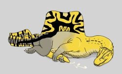 2026 average_penis bodily_fluids claws cum dinosaur ejaculation fan_character feral genital_fluids genitals gojifan747 green_eyes grey_background grey_fingers grey_legs grey_tail head_markings knot knotted_penis looking_at_genitalia lying male markings masturbation multicolored_body penis prehistoric_species reptile sail_(anatomy) saurischian scalie simple_background solo spino_aurelion spinosaurid spinosaurus striped_markings striped_tail stripes tail tail_markings theropod yellow_body yellow_neck yellow_penis yellow_tail