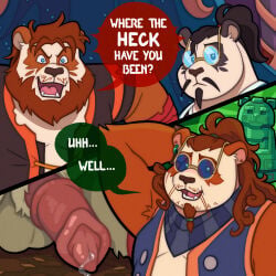 1:1 accessory angry animal_genitalia animal_penis anthro arm_tuft armpit_tuft balls bear beard black_body black_fur black_hair blizzard_entertainment bodily_fluids broken_glasses brown_beard brown_body brown_facial_hair brown_fur brown_hair clothing curly_hair detailed_background dialogue ear_piercing ear_ring elbow_tuft english_text erection eyewear facial_hair facial_markings feral fur genital_fluids genitals glasses group hair hair_accessory hair_tie hand_behind_head head_markings hi_res leaf leaking_precum male mammal markings medial_ring multiple_scenes mustache overweight overweight_male pandaren penis piercing ponytail precum quasarbearcat ring_piercing scar sheath shirt text tied_hair topwear trio tuft ursine_penis vest warcraft wearing_glasses white_body white_fur world_of_warcraft yelling