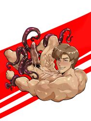 1boy 2d back_muscles bara blue_eyes capcom cum cum_on_abs gay huge_cock leon_scott_kennedy looking_at_viewer moon421_celes muscles muscular_male peace_sign pose resident_evil saliva solo_male sweat tentacle tentacle_on_male tentacles_around_legs tentacles_on_male veins veiny_penis