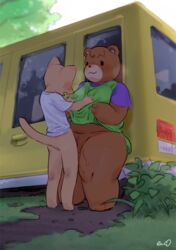 age_difference anthro bear bebebebebe bottomless breast_grab breast_squeeze breasts canine clothed clothing female frontal_standing_penetration hand_on_breast interspecies larger_female male mammal older_female older_woman_and_younger_boy outdoor_sex outdoors outside penetration pussy sex shirt size_difference slightly_chubby smaller_male standing_missionary standing_sex straight tail unknown_character vaginal_penetration younger_male