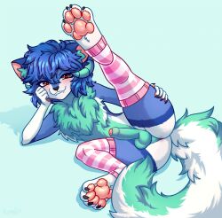 2023 anthro anus ass balls black_claws blue_background blue_body blue_fur blue_hair blush canid canine claws clothing colored digital_drawing_(artwork) digital_media_(artwork) erection eyelashes fangs fluffy foreskin fur genitals green_body green_fur green_horn hair half-closed_eyes heart_eyes heart_symbol hi_res horn humanoid_genitalia humanoid_penis konejo legwear legwear_only looking_at_viewer lying male male_only mammal mostly_nude narrowed_eyes on_side one_leg_up pattern_clothing pattern_legwear pattern_stockings pawpads penis pink_anus pink_pawpads raised_leg shaded short_hair simple_background solo stockings stockings_only striped_clothing striped_legwear striped_stockings stripes tail teeth yellow_eyes