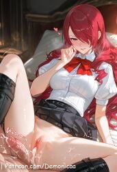 1boy 1girls ai_generated big_ass big_breasts blush breasts closed_mouth cum cum_in_pussy demonicaa dominant_female earrings female female_on_cloth huge_breasts indoors looking_at_viewer male male_pov mature mature_female mitsuru_kirijo paizuri penis persona persona_3 persona_3_portable persona_3_reload pov_male pov_paizuri pussy red_eyes red_hair red_nails tagme titjob